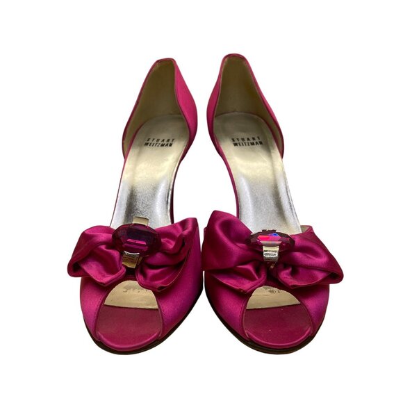 Stuart Weitzman Women’s Pink Satin Open Toe Bow Embellished DOrsay Heel Sz 8.5 - Picture 3 of 10